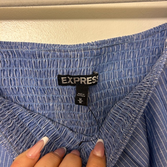 Express Peasant Linen Blend Top Smocked Style Stripes Size Medium Ruffle sleeves - Picture 4 of 8